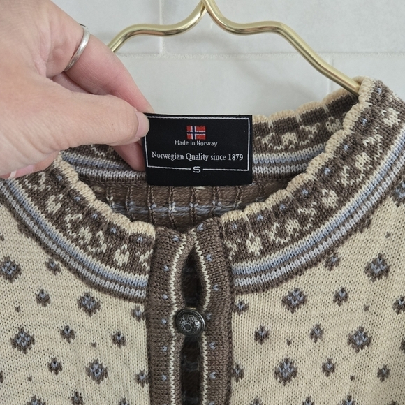 Dale of Norway 100% Wool Beige Blue Ivory Cream Brown Cardigan Sweater Small - Picture 4 of 12